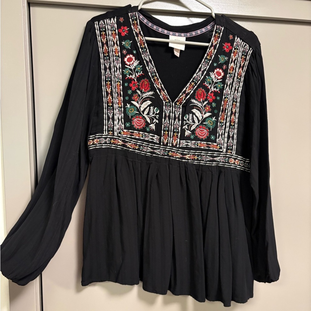 Knox Rose Black Long Sleeve Embroidered Blouse